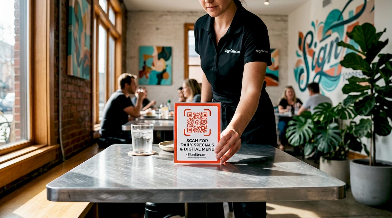 Server placing QR code menu tent on table