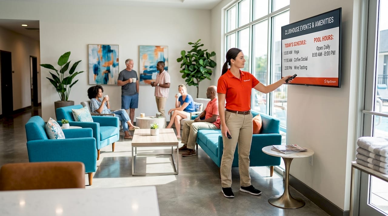 Clubhouse entrance staff adjusting digital amenity screen