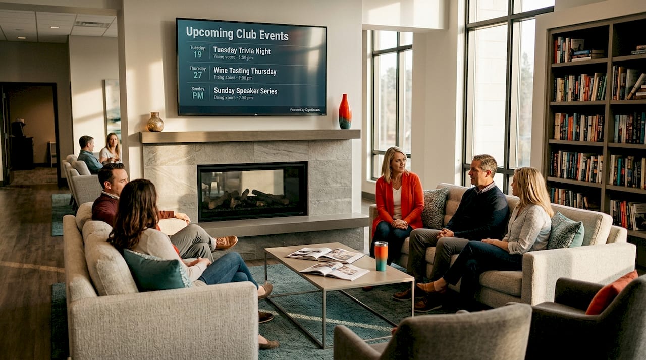 Digital display in lounge with social members nearby