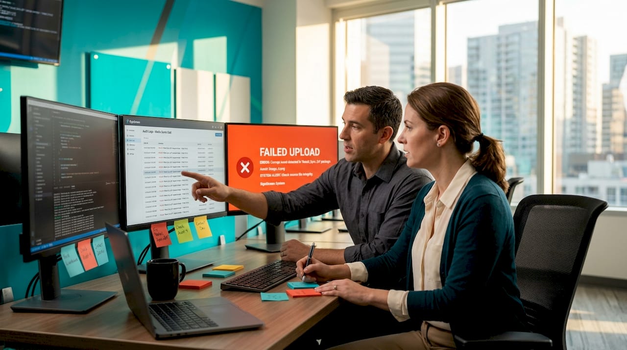 Team reviewing digital signage audit logs
