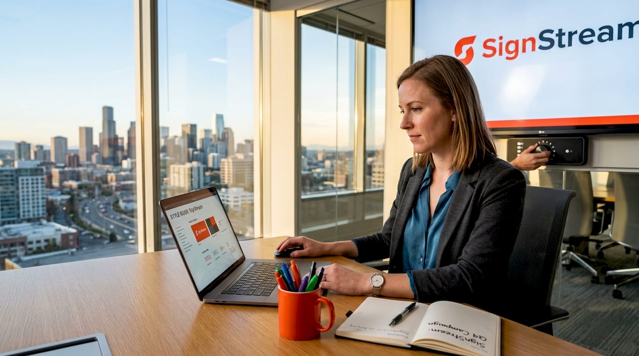Strategist adjusting digital screen brand display