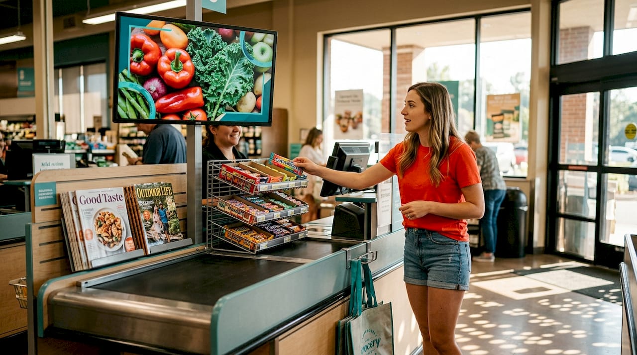 Shopper engaging with digital signage at checkout