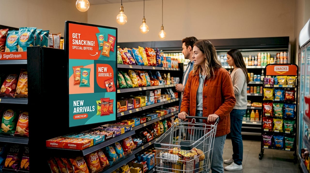 Digital endcap display influencing shopper impulse buying