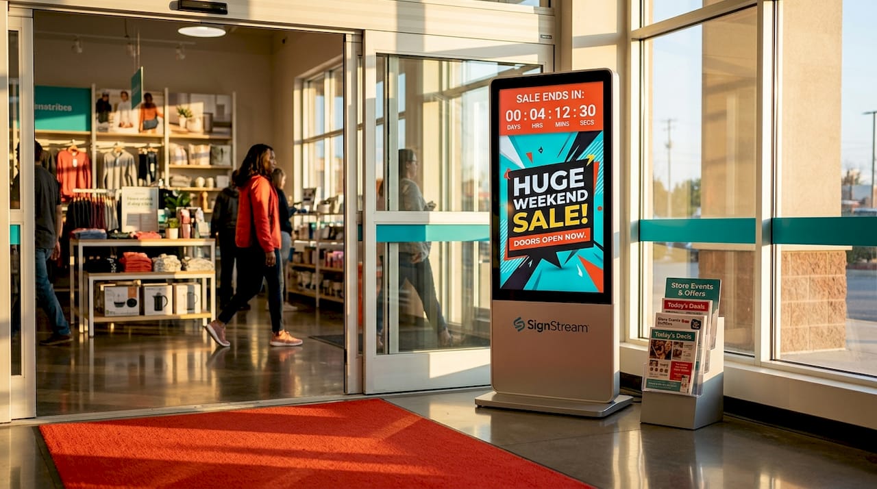 Freestanding digital flash sale display at store entrance