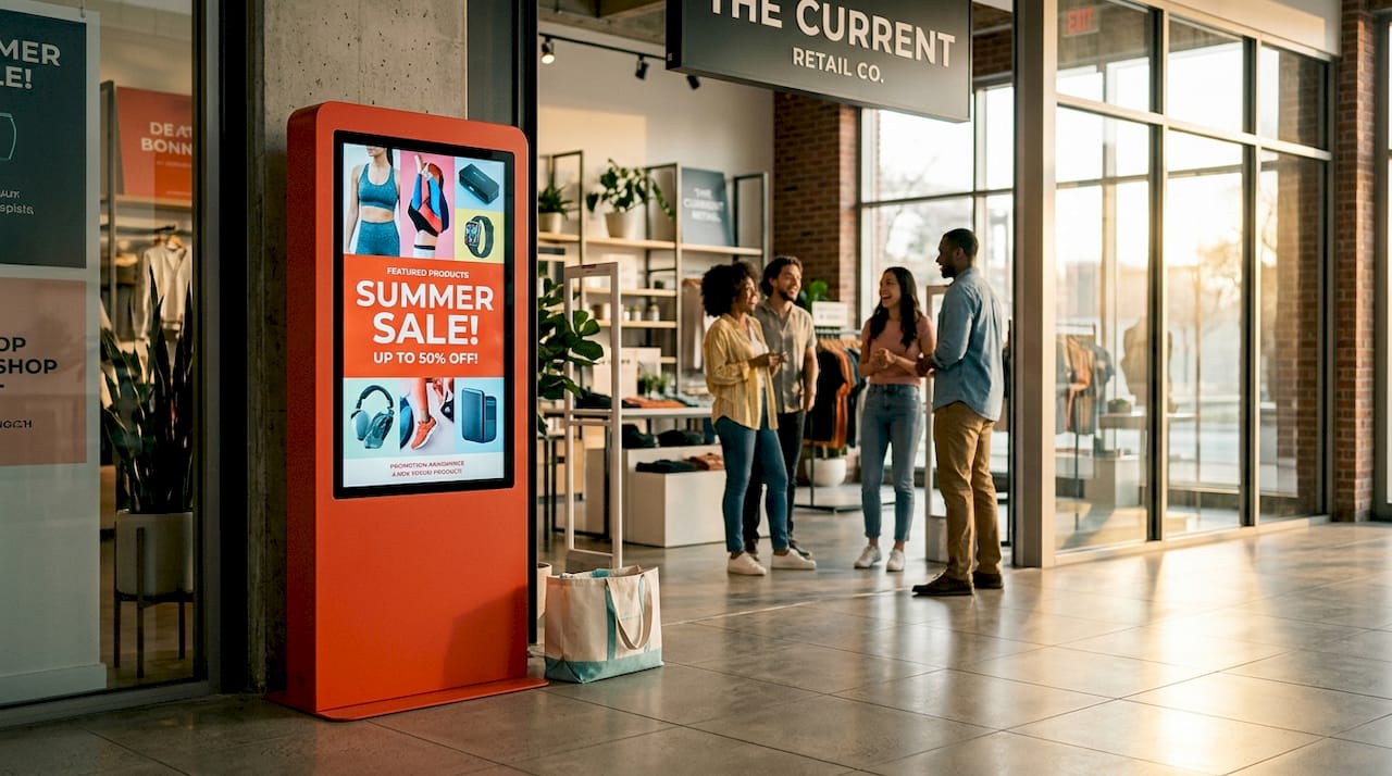 Slim freestanding LED kiosk displaying flash sale poster