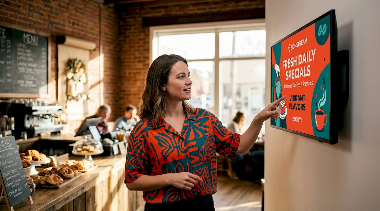 Retail manager interacting with digital signage in store