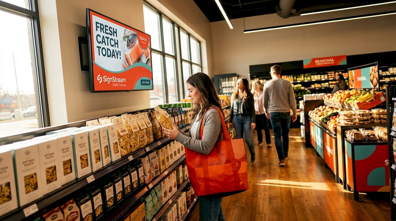 Digital display showing promotions in retail aisle