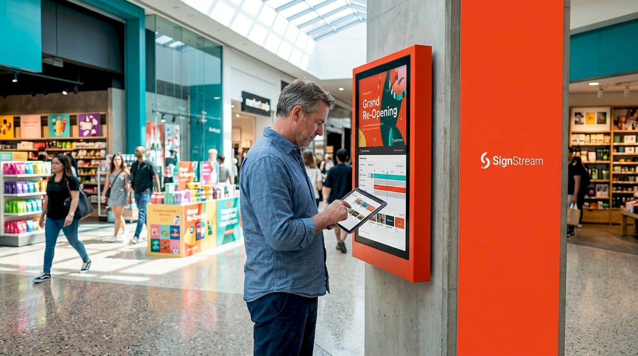 Store manager checking pilot digital screen placement