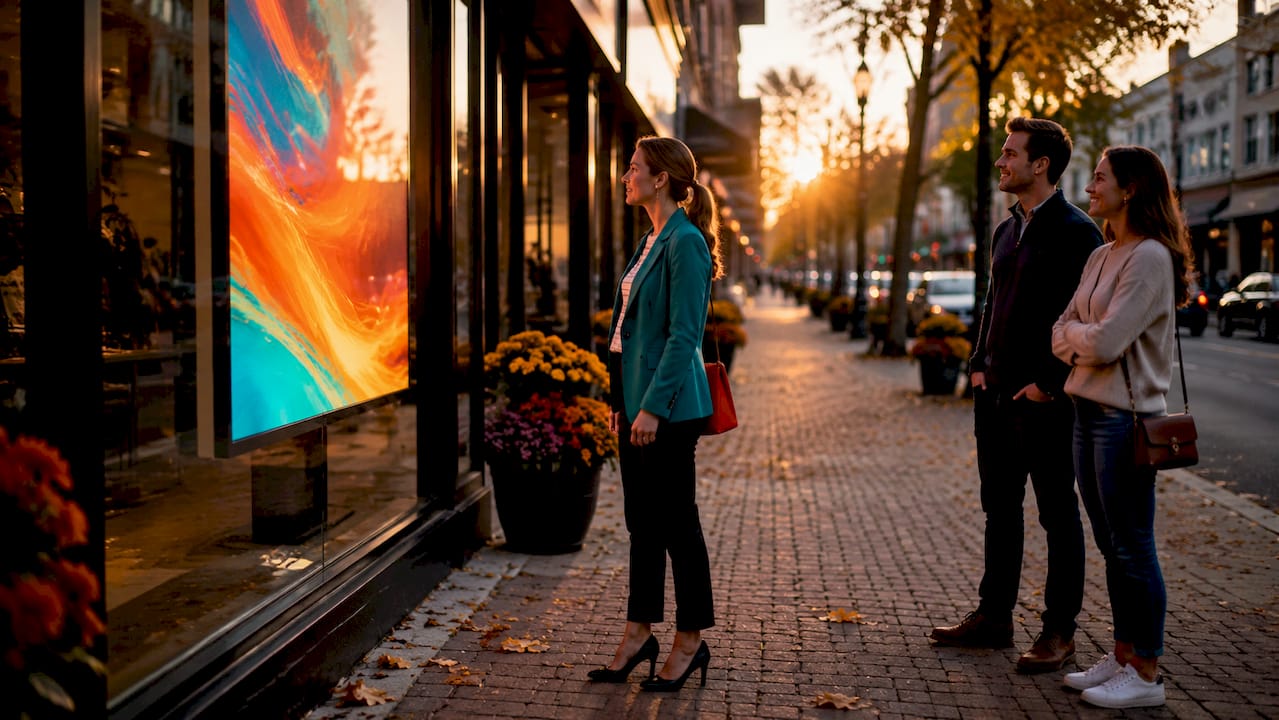 Retail manager observing digital window display screen
