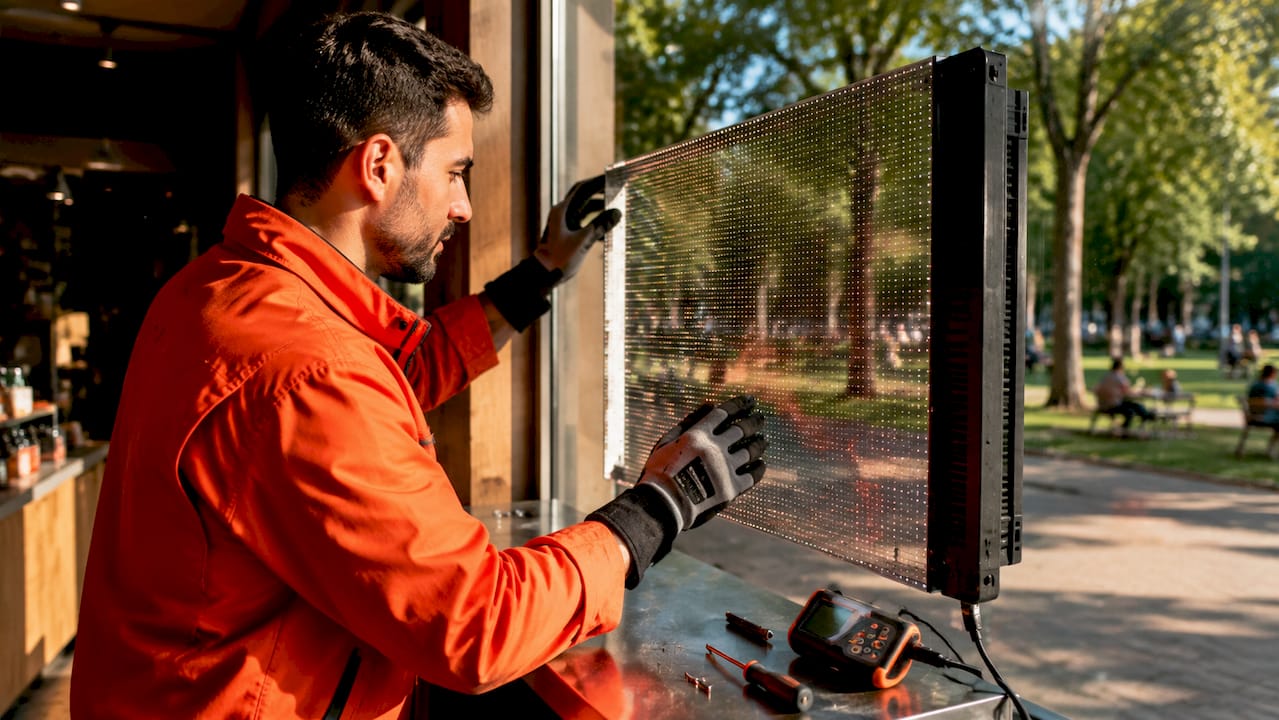 Technician adjusting transparent LED window display screen