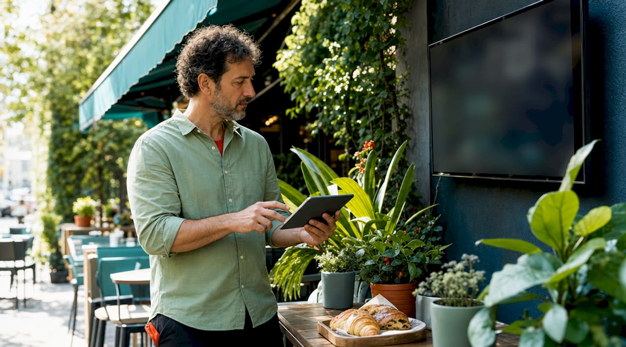 Café manager updates daily specials on digital signage