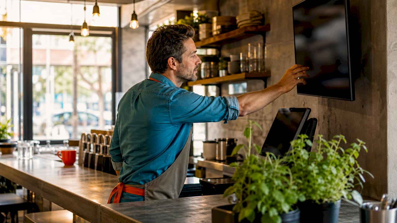 Restaurant manager adjusting seasonal menu digital display