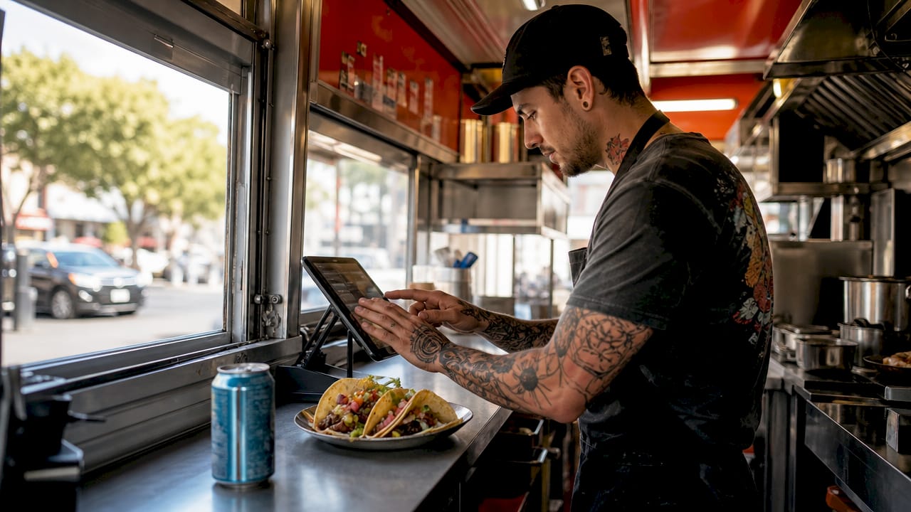 Chef using digital menu board in kitchen