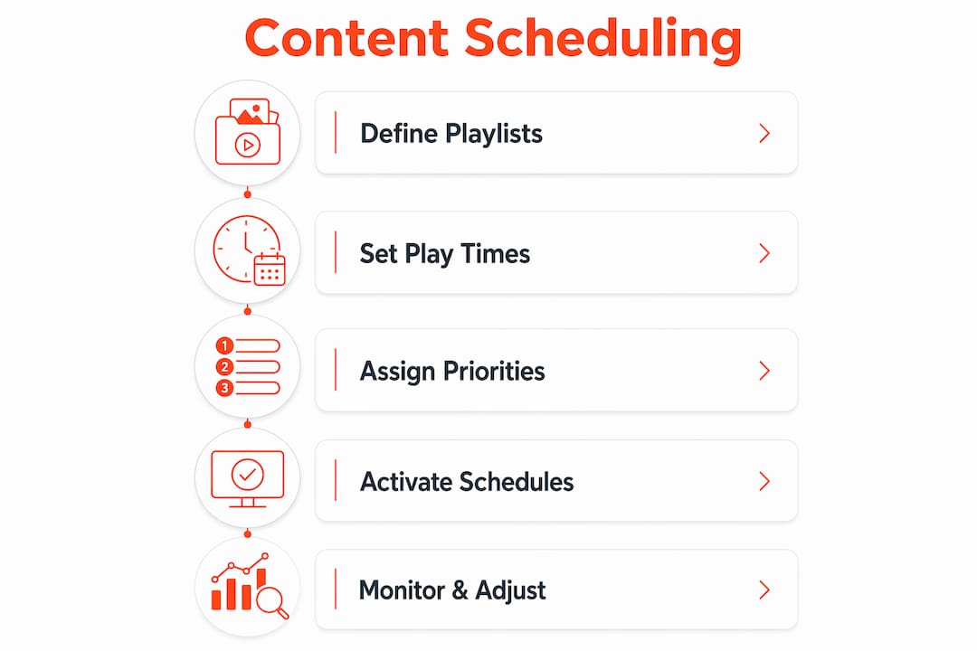 Infographic showing in-store promotional screen content scheduling steps