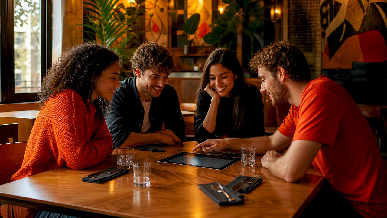 Diners using tabletop interactive ordering tablet
