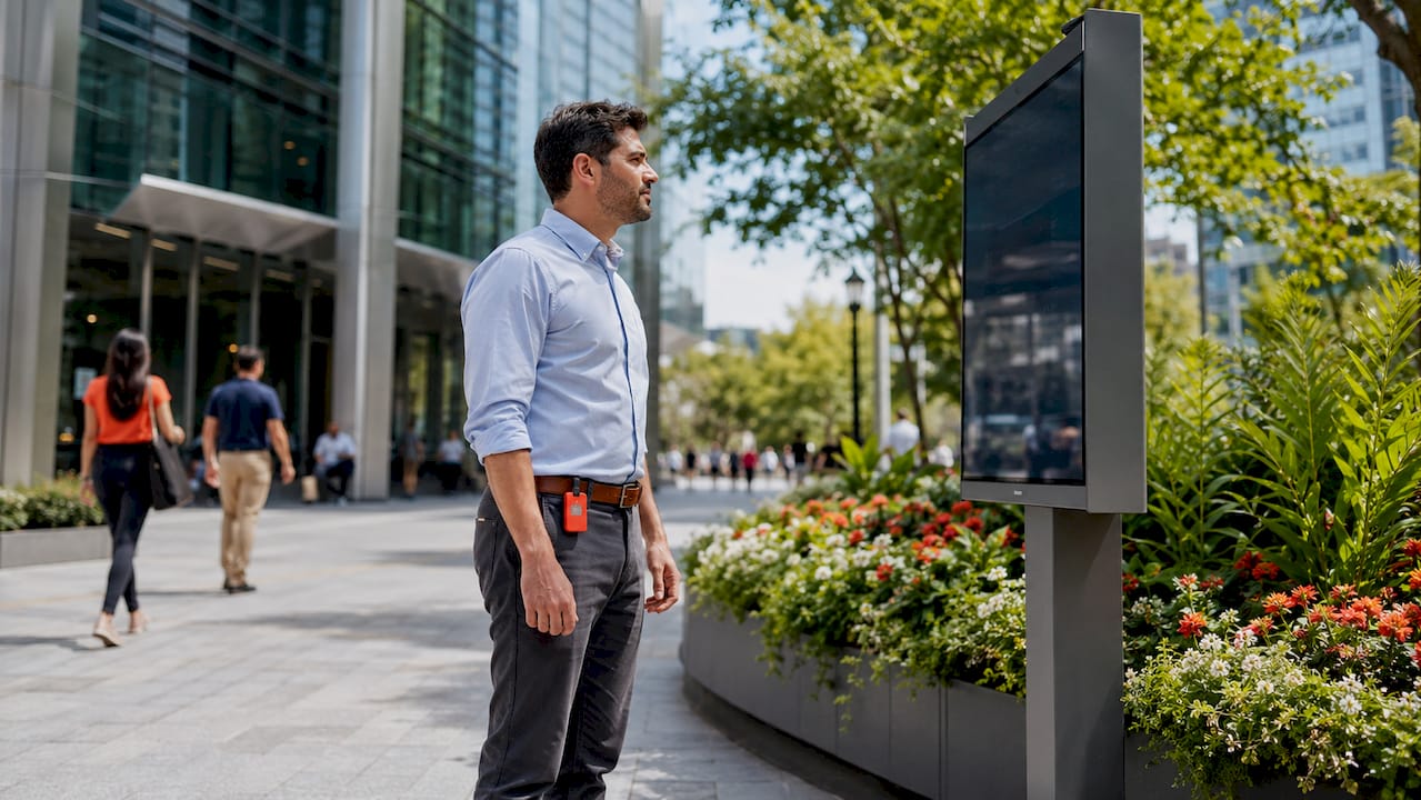 Professional uses digital signage screen in lobby