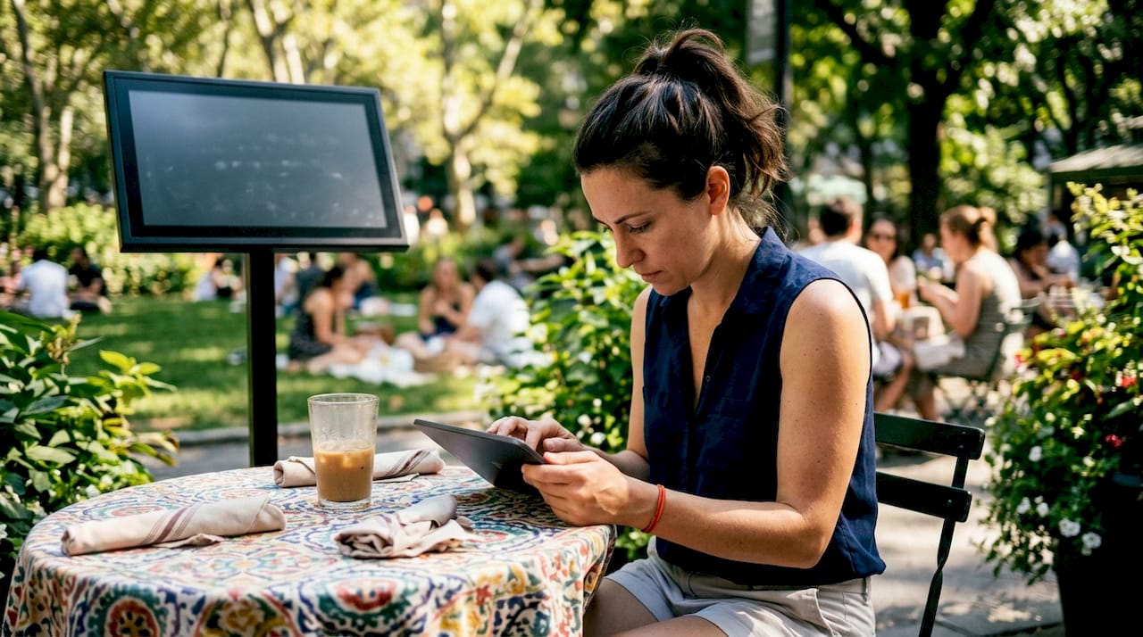 Manager updating digital menu on a tablet indoors
