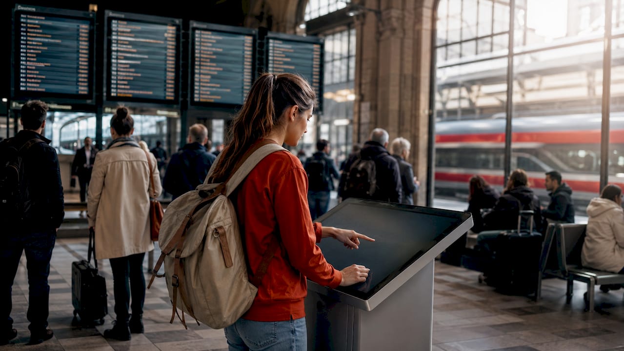 Airport passenger using touchscreen wayfinding kiosk