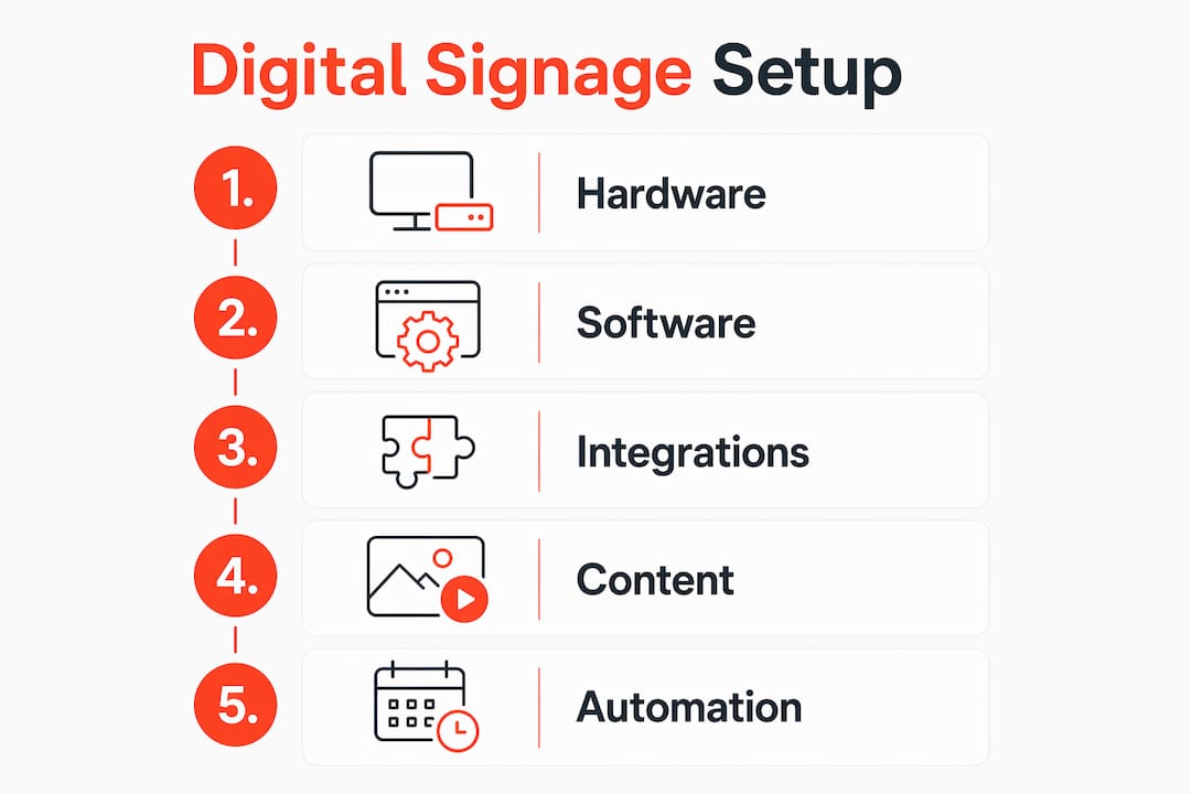 Infographic illustrating digital signage setup steps