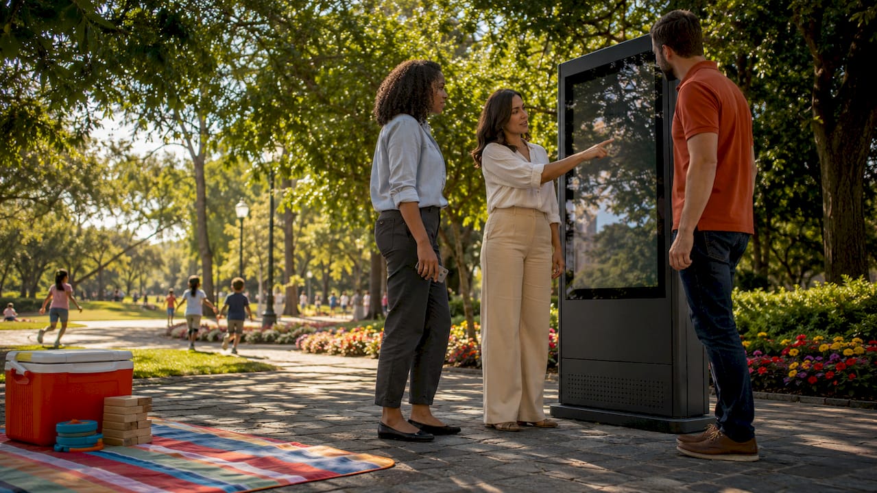Professionals collaborating around digital signage