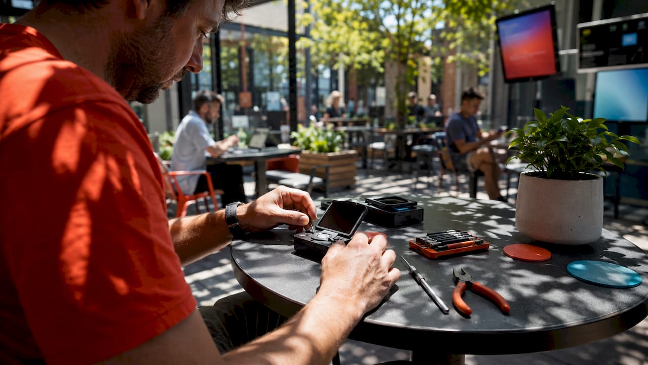 Hands assembling digital media player device