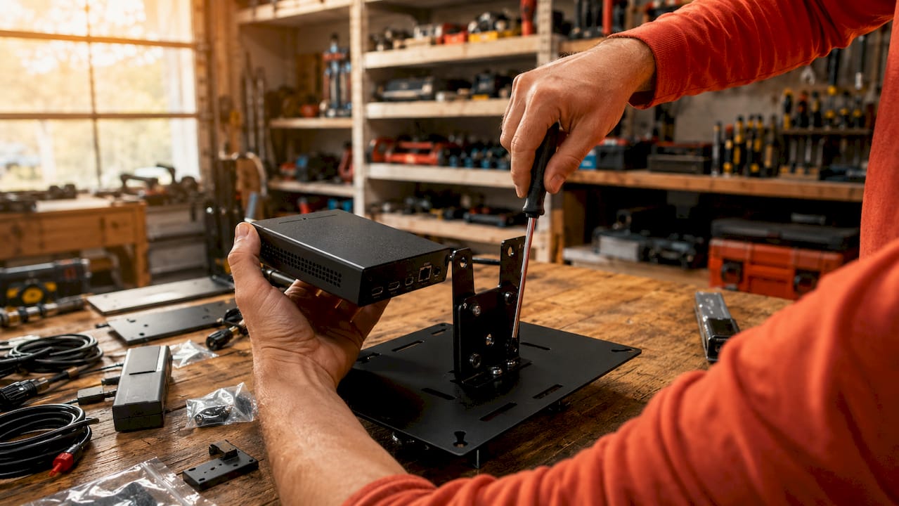 Hands unpacking standardized digital signage media player
