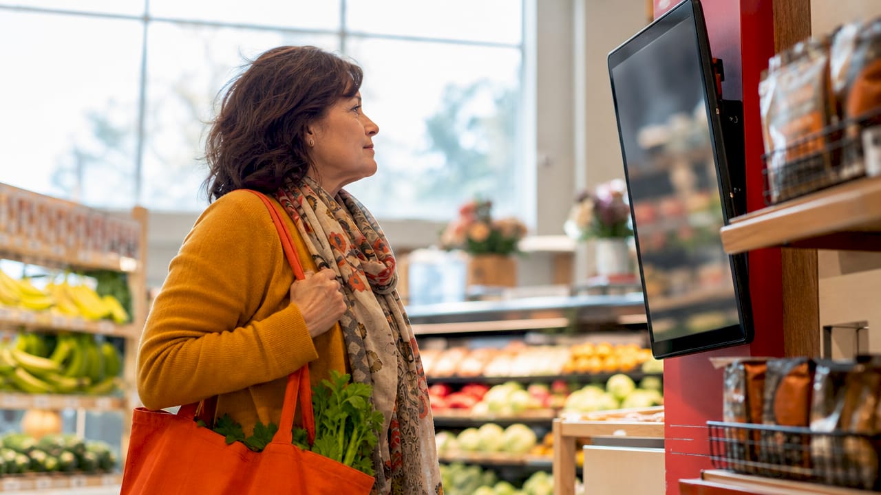 Customer watching retail cross-selling screen