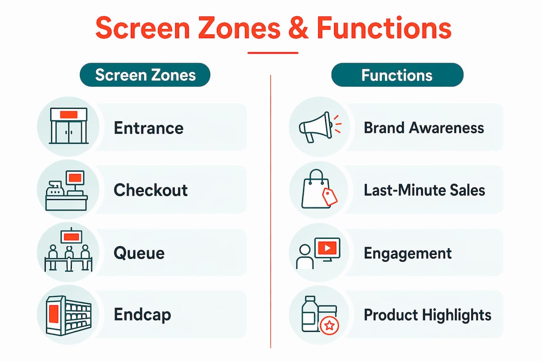 Infographic of retail screen zones and their cross-selling functions