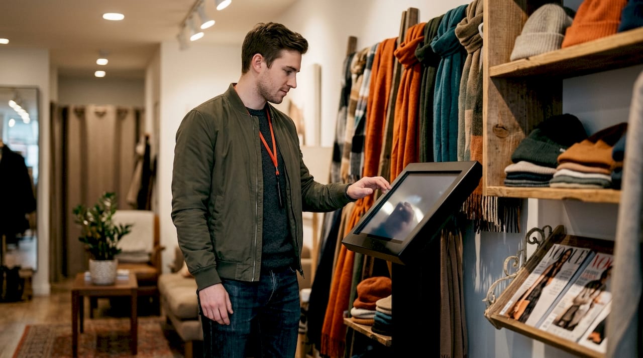 Young man using interactive retail kiosk