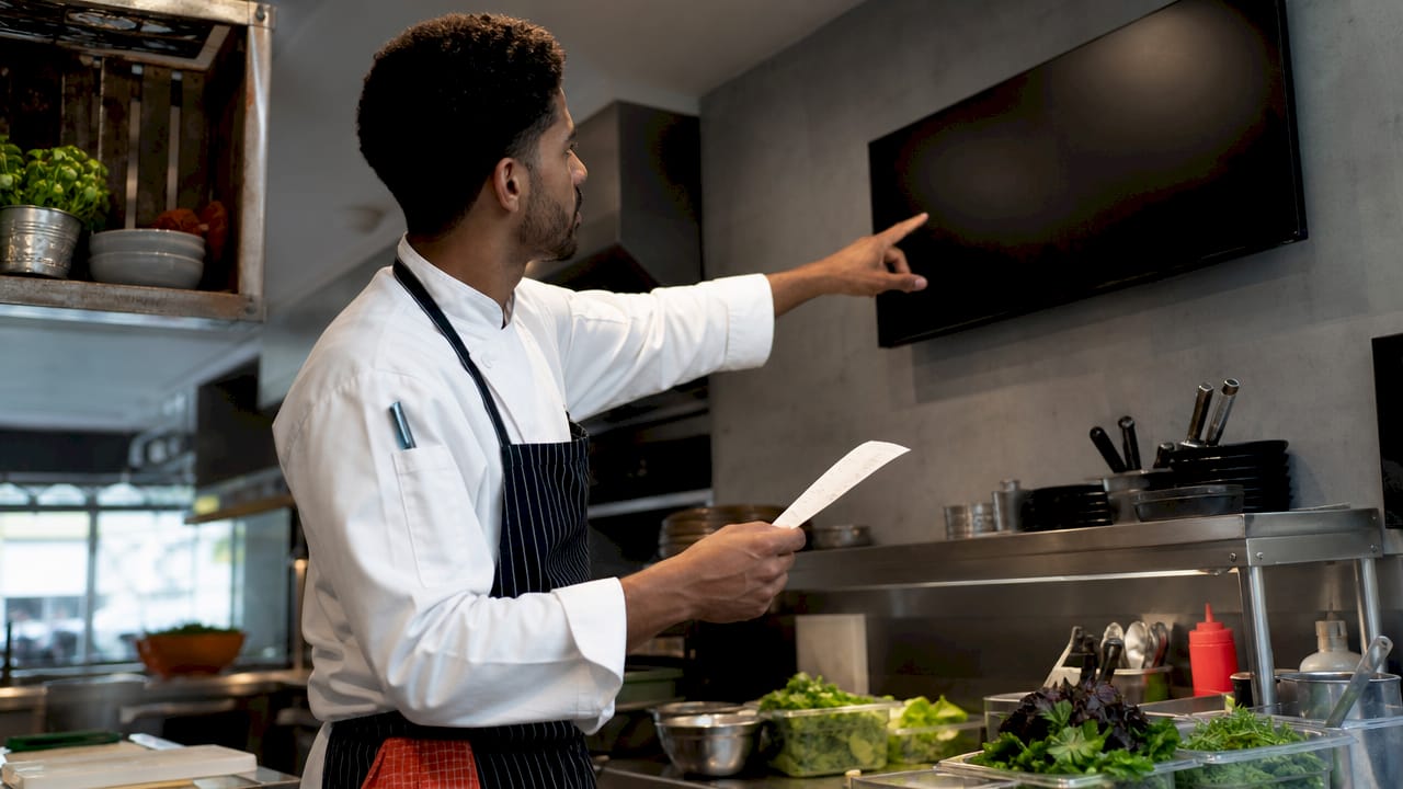 Hands comparing paper ticket and digital screen in kitchen