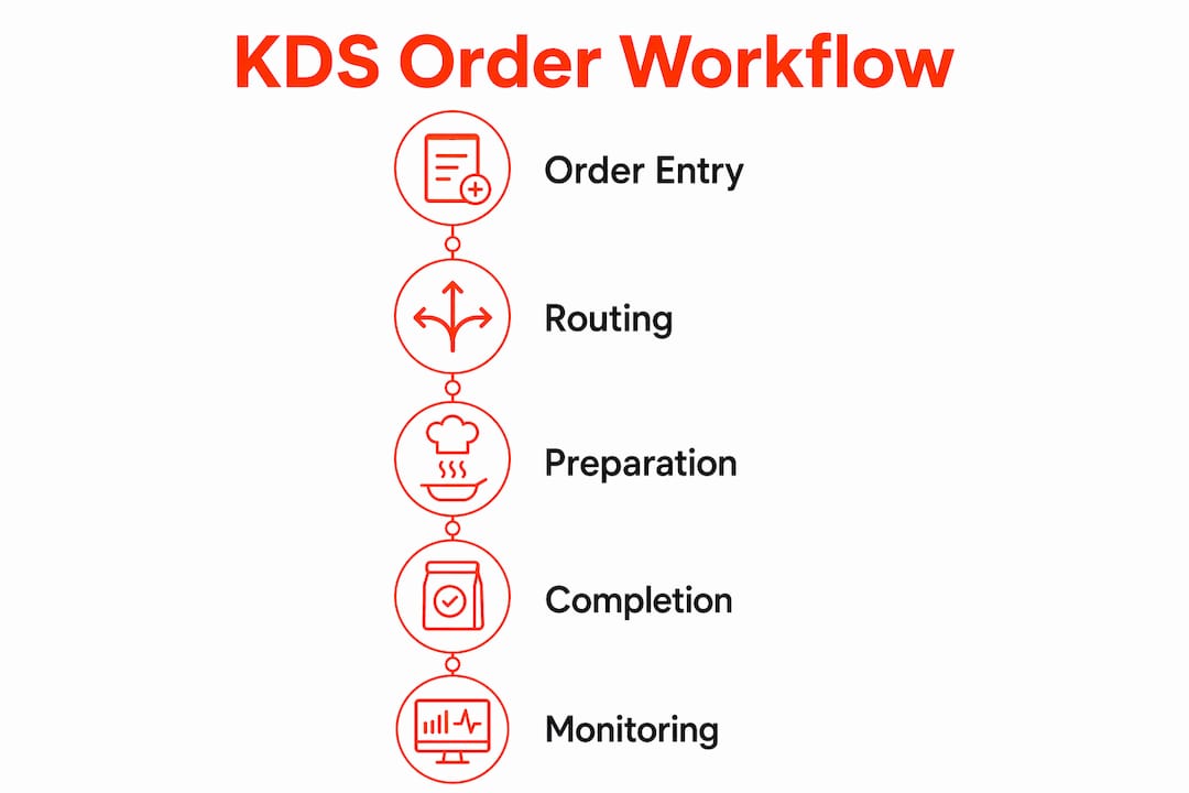 Infographic depicting kitchen display system order workflow steps