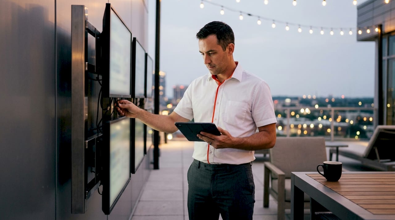 Technician setting up multi-floor screen network