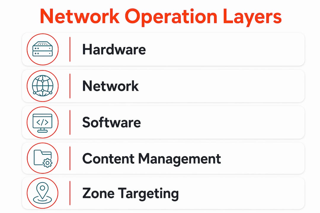 Infographic showing technical layers of multi-floor screen network