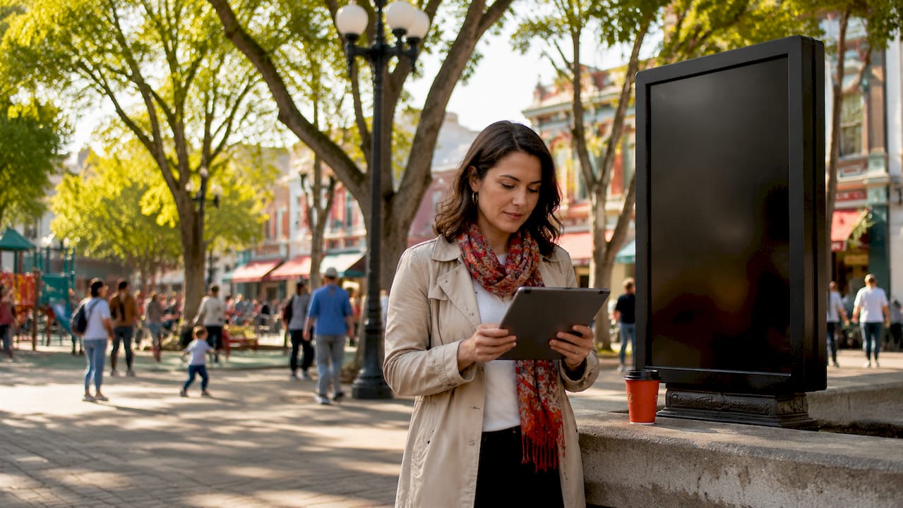 Urban planner reviewing digital signage plan outdoors