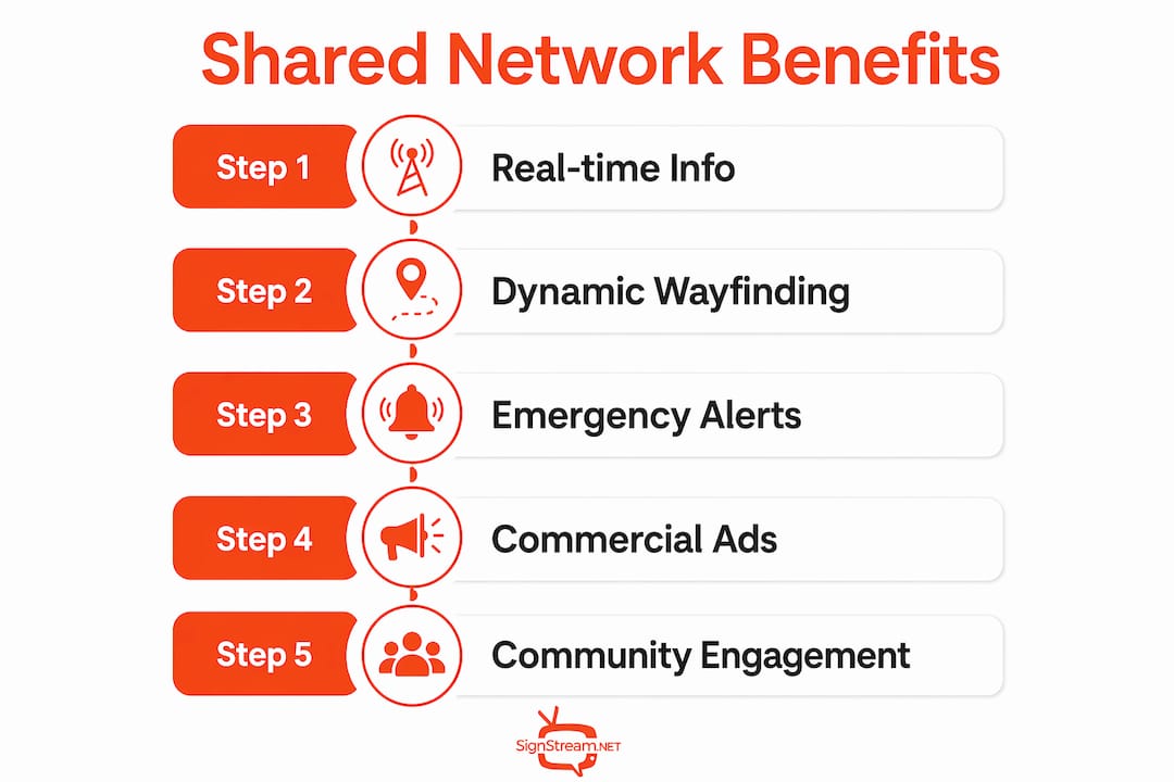 Infographic outlining five key benefits of shared display networks