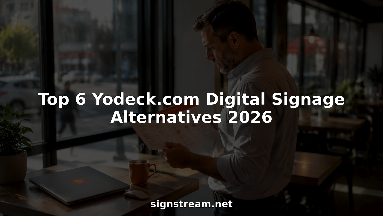 IT manager reviewing digital signage software brochures