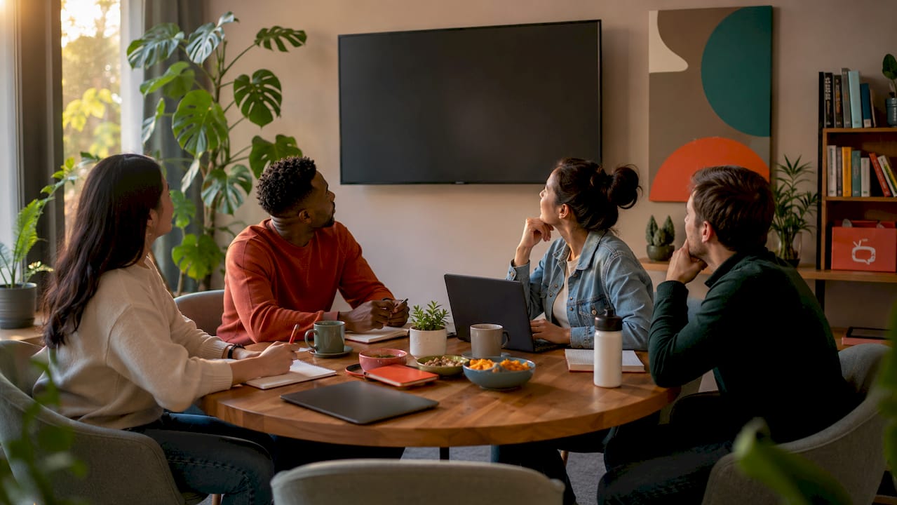 Diverse team discussing digital signage in meeting