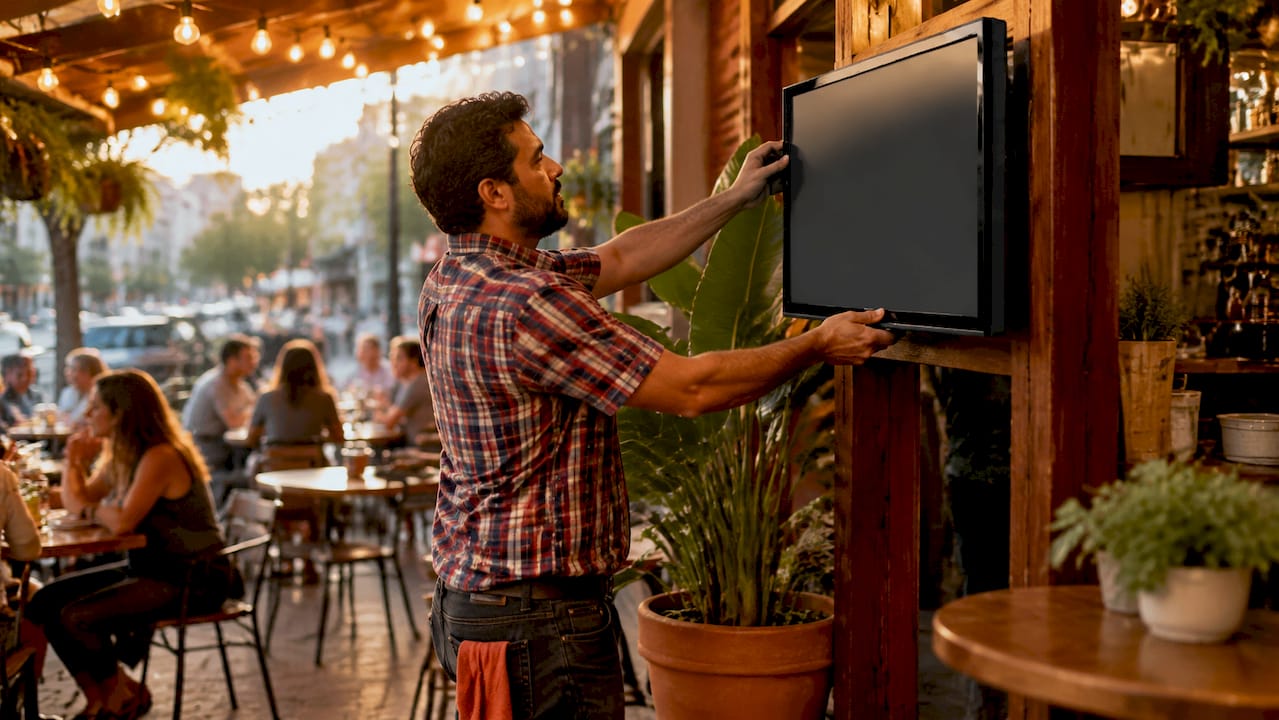 Restaurant owner adjusting digital menu screen