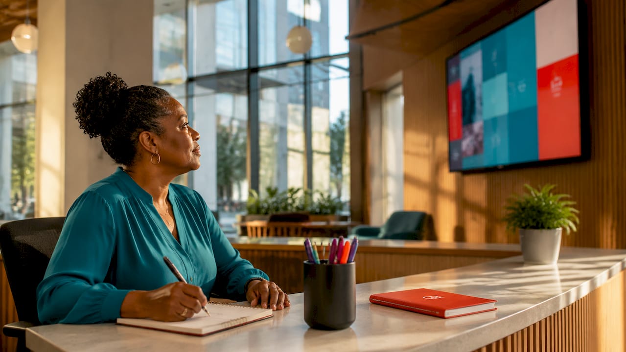 Receptionist looking at digital wayfinding screen