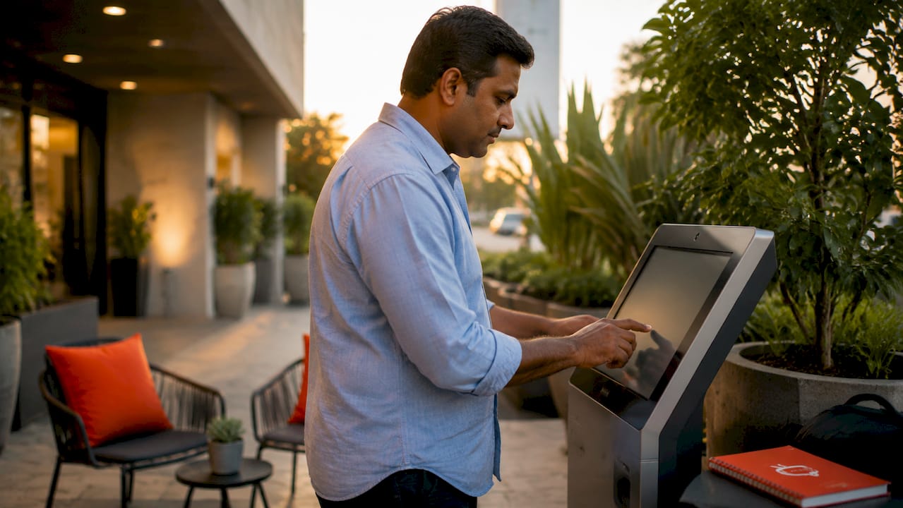 Visitor using self-service kiosk for check-in