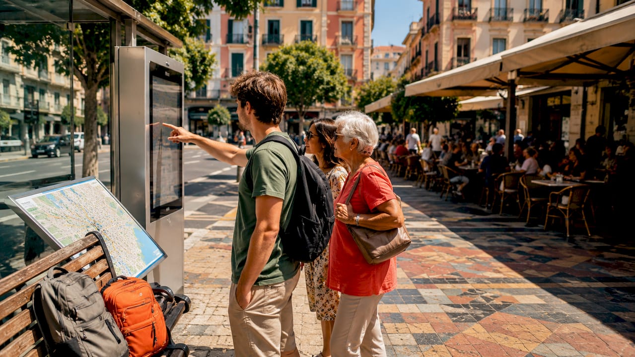 Visitors engaging with smart signage at transit hub