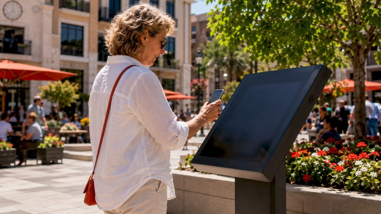 Tourist using connected digital screen in visitor center