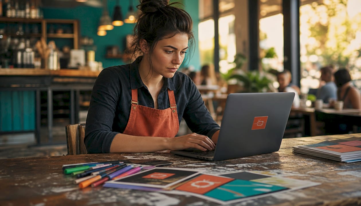 Hands working laptop with POS tools nearby