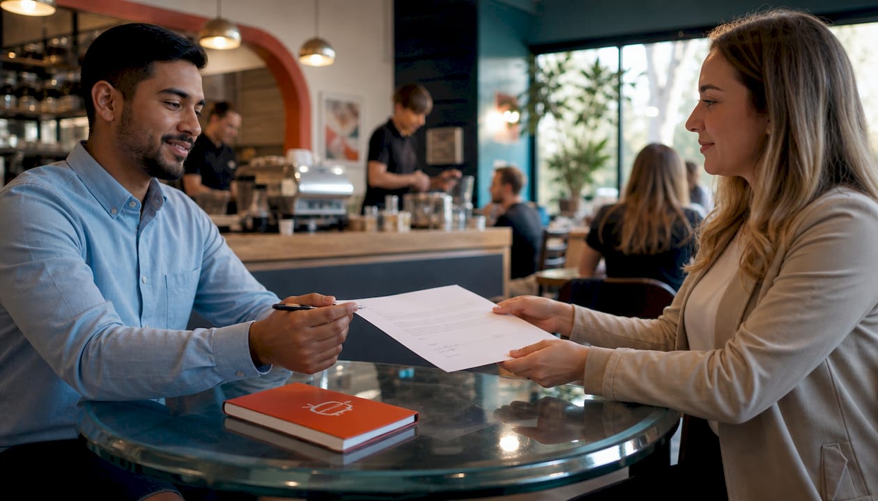 Hands exchanging signed screen partnership contract