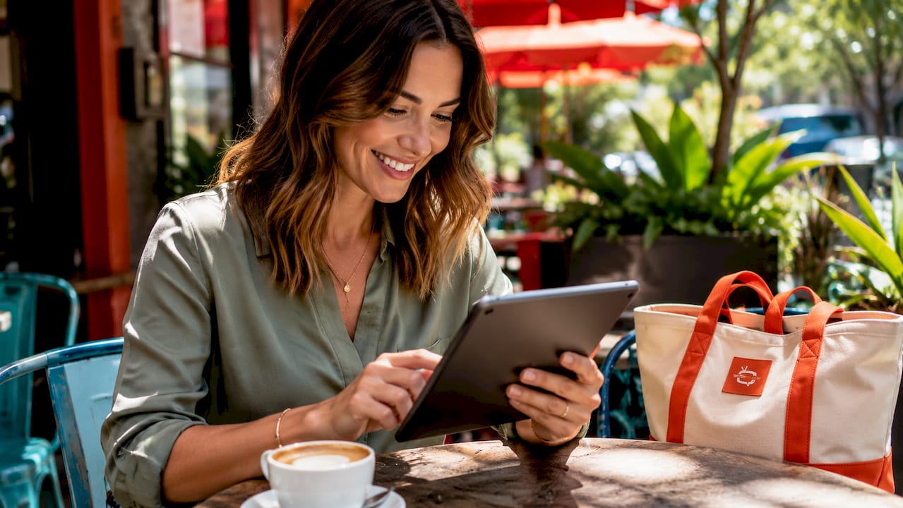 Woman using touchscreen tablet in coffee shop