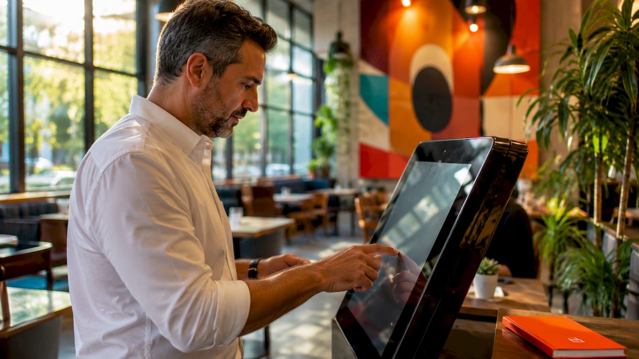 Hands using interactive touchscreen kiosk in store