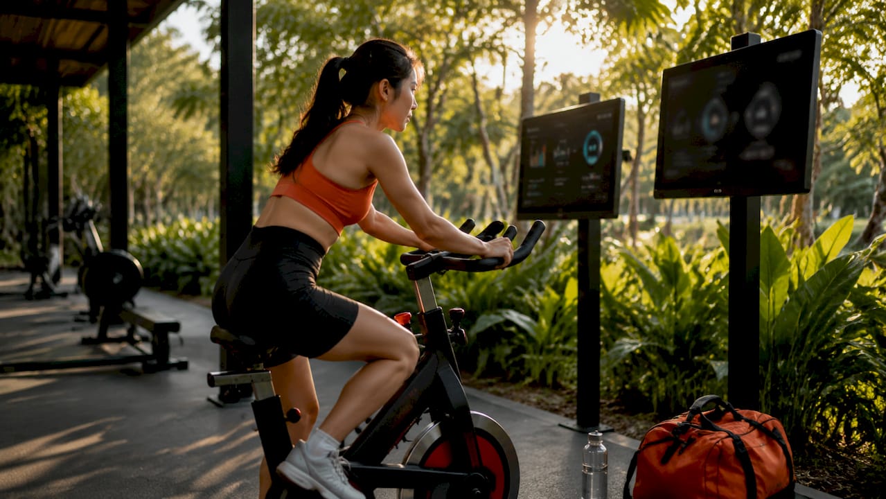Woman viewing workout data screens at gym