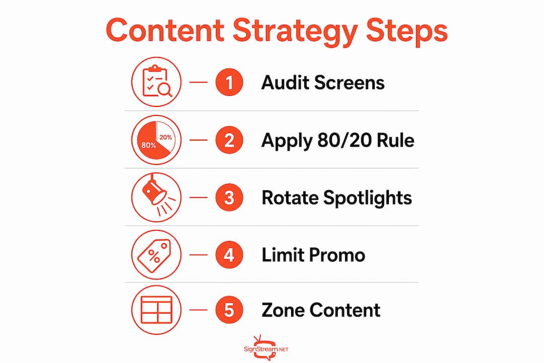 Infographic illustrating steps for screen content strategy