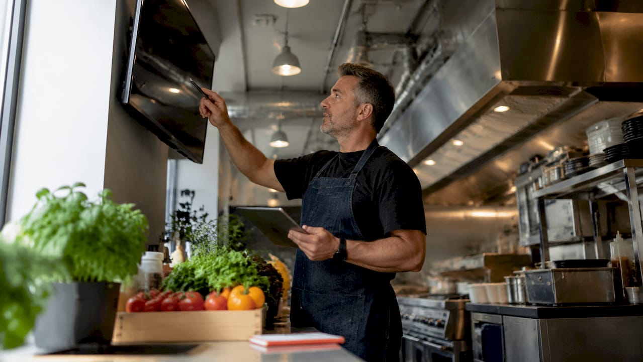 Owner adjusting digital menu board in restaurant