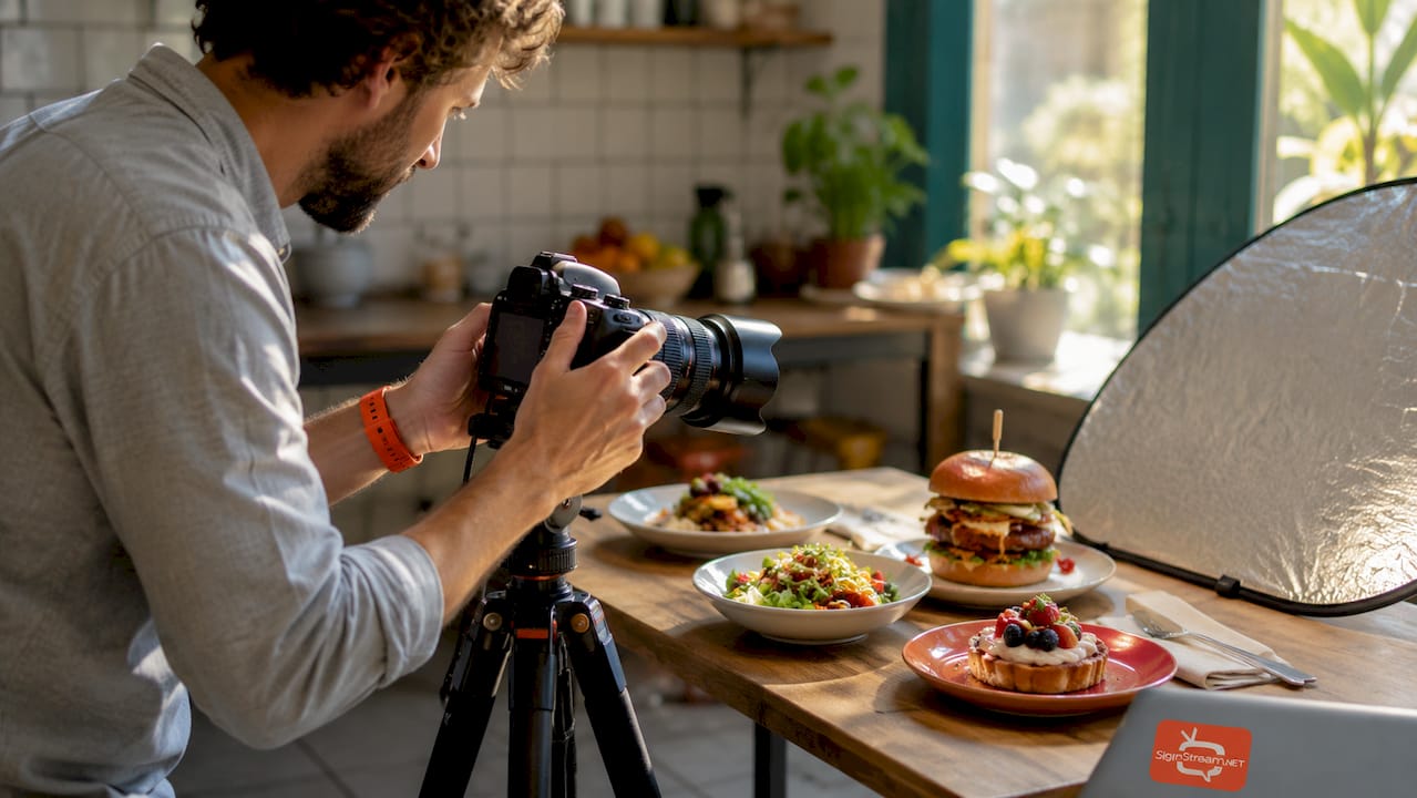 Photographer setting DSLR to capture hero food images
